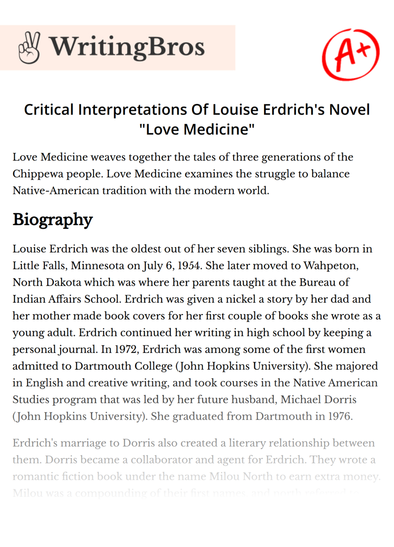 Critical Interpretations Of Louise Erdrich's Novel "Love Medicine" essay