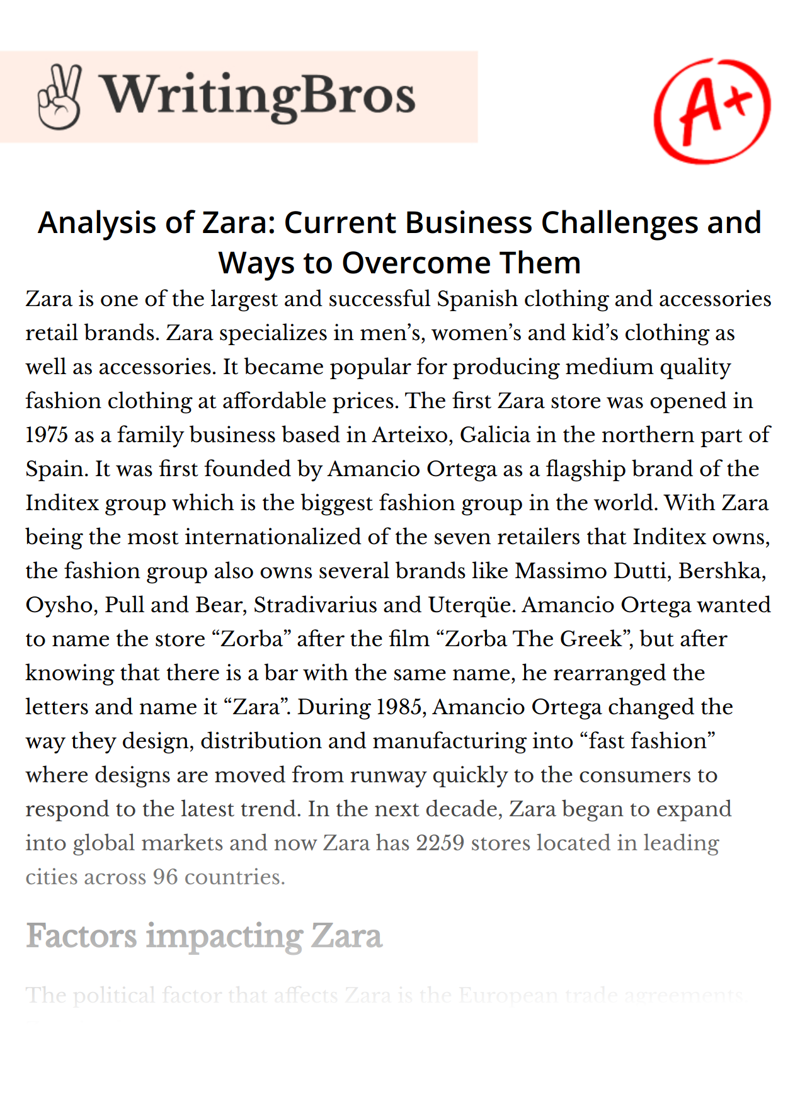 Analysis of Zara: Current Business Challenges and Ways to Overcome Them essay