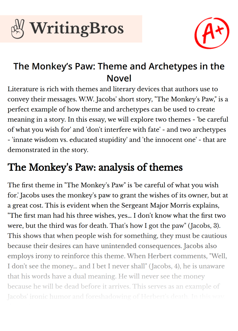 The Monkey’s Paw: Theme and Archetypes in the Novel essay