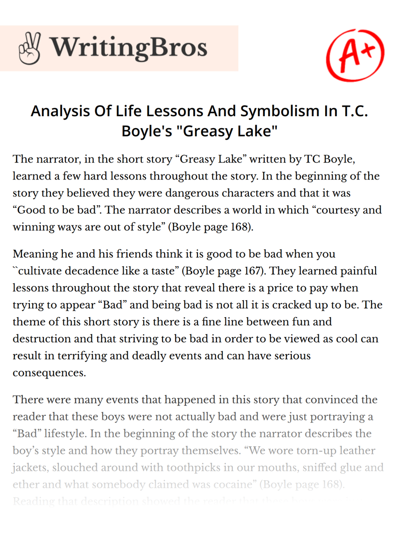 Analysis Of Life Lessons And Symbolism In T.C. Boyle's "Greasy Lake" essay