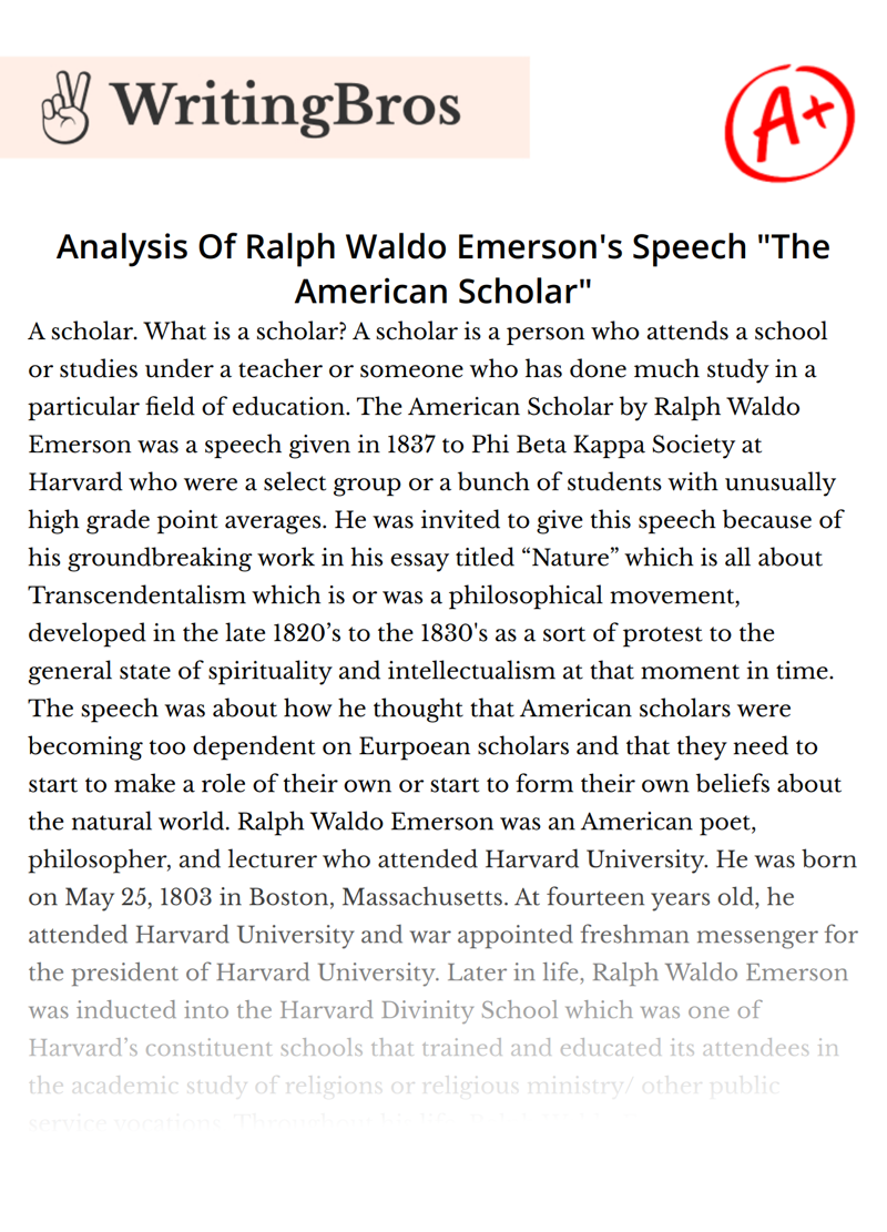 Analysis Of Ralph Waldo Emerson's Speech "The American Scholar" essay