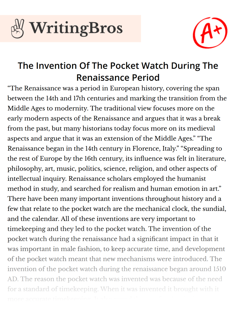 The Invention Of The Pocket Watch During The Renaissance Period essay