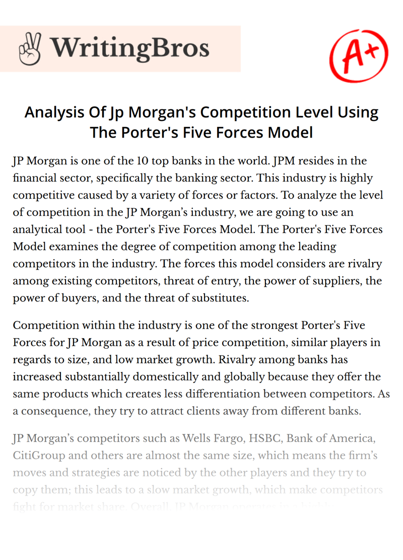 Analysis Of Jp Morgan's Competition Level Using The Porter's Five Forces Model essay