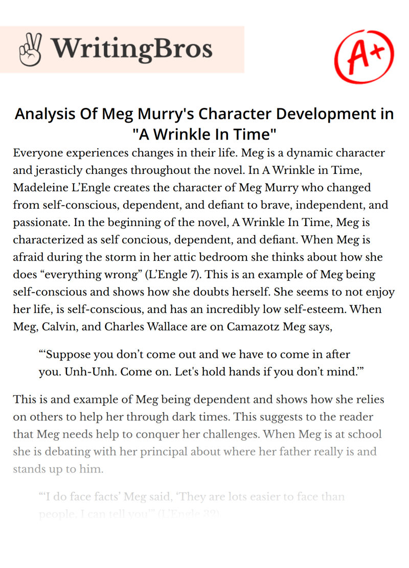 Analysis Of Meg Murry's Character Development in "A Wrinkle In Time" essay