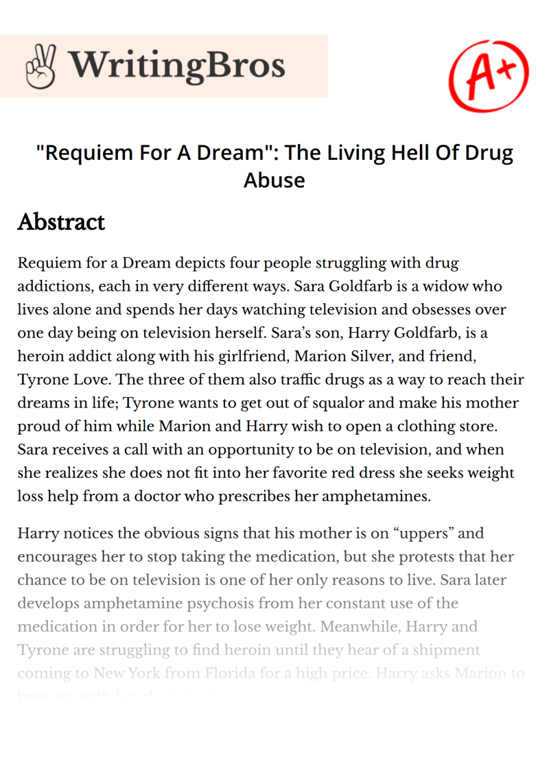 "Requiem For A Dream": The Living Hell Of Drug Abuse essay