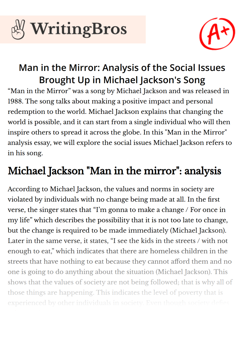 Man in the Mirror: Analysis of the Social Issues Brought Up in Michael Jackson's Song essay