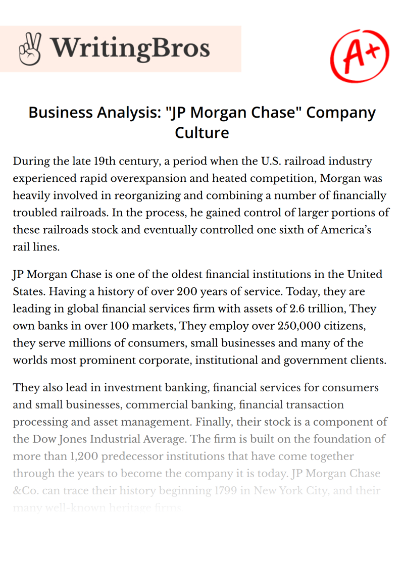 Business Analysis: "JP Morgan Chase" Company Culture essay