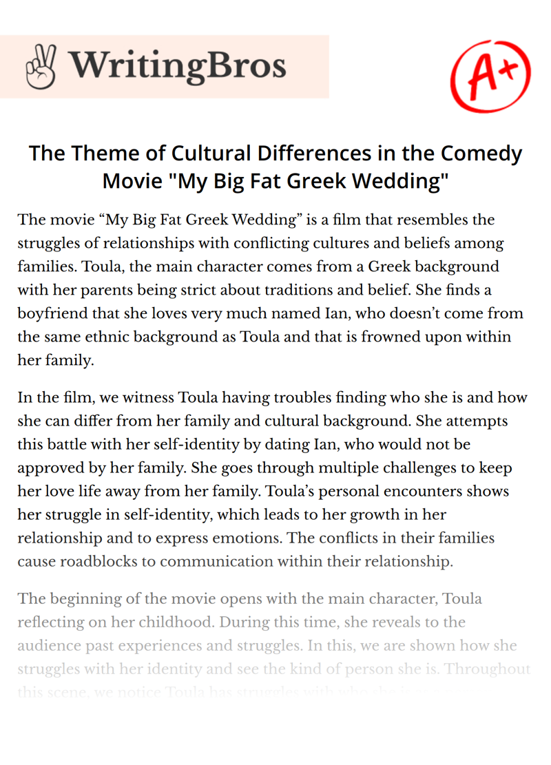 The Theme of Cultural Differences in the Comedy Movie "My Big Fat Greek Wedding" essay