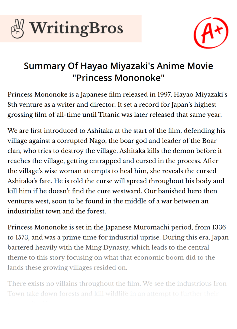 Summary Of Hayao Miyazaki's Anime Movie "Princess Mononoke"  essay