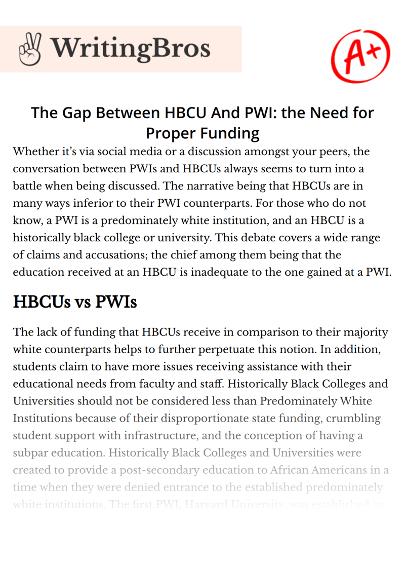 The Gap Between HBCU And PWI: the Need for Proper Funding essay