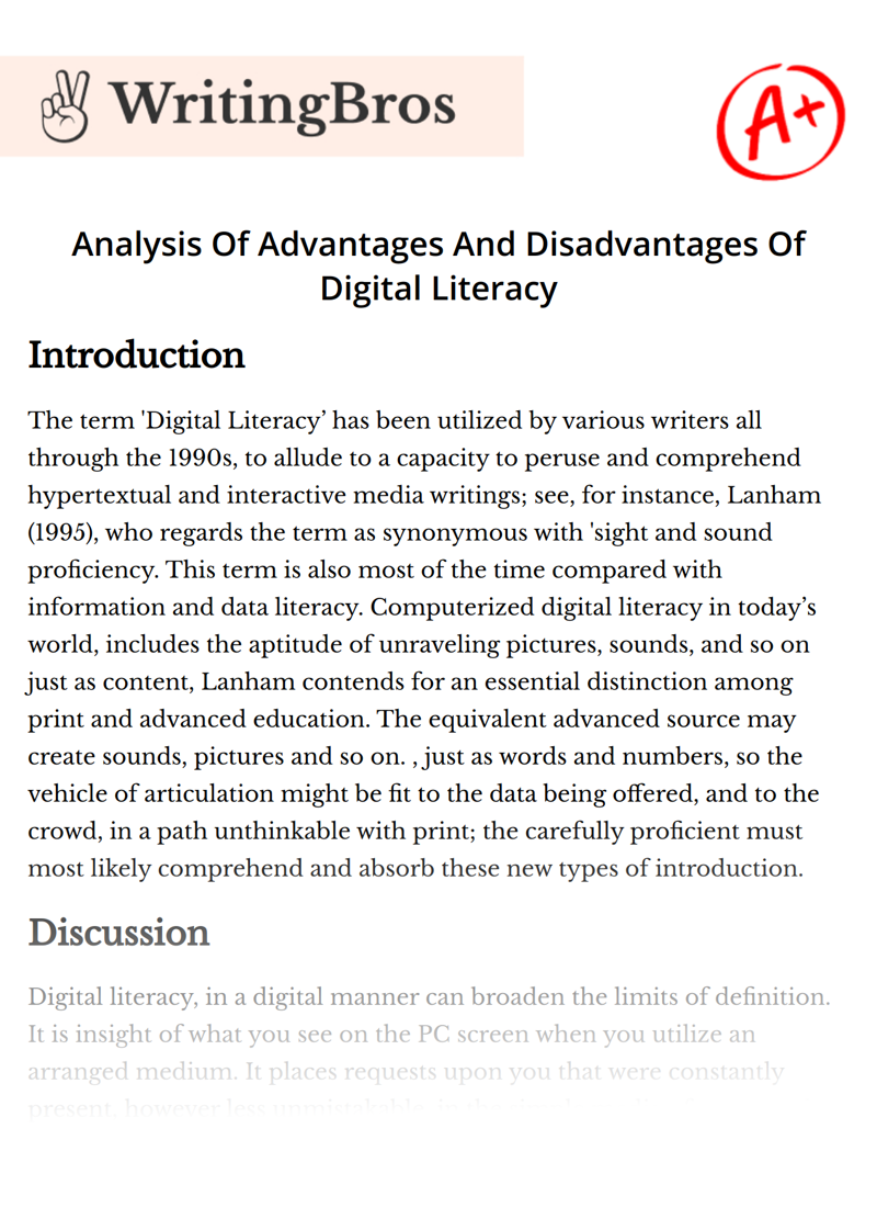 Analysis Of Advantages And Disadvantages Of Digital Literacy essay