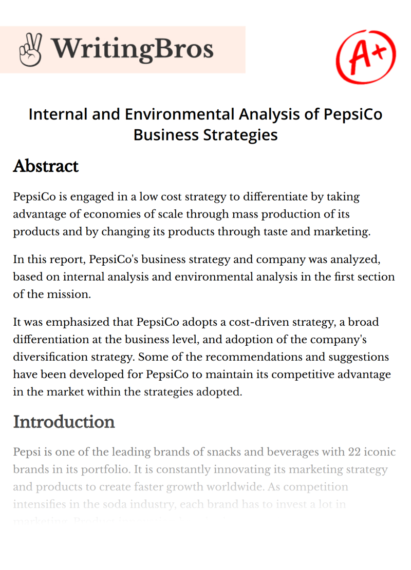 Internal and Environmental Analysis of PepsiCo Business Strategies essay