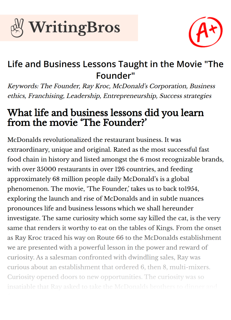 Life and Business Lessons Taught in the Movie "The Founder" essay