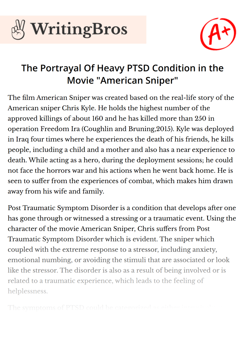 The Portrayal Of Heavy PTSD Condition in the Movie "American Sniper" essay