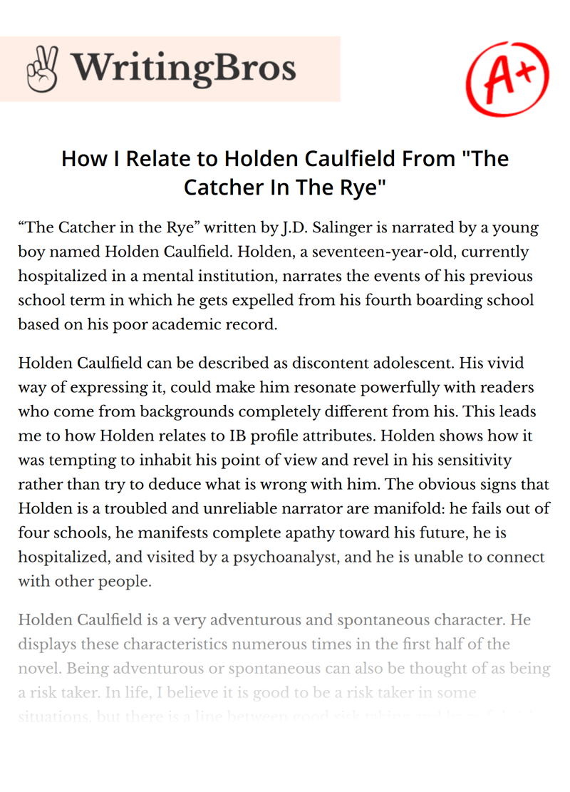 How I Relate to Holden Caulfield From "The Catcher In The Rye" essay