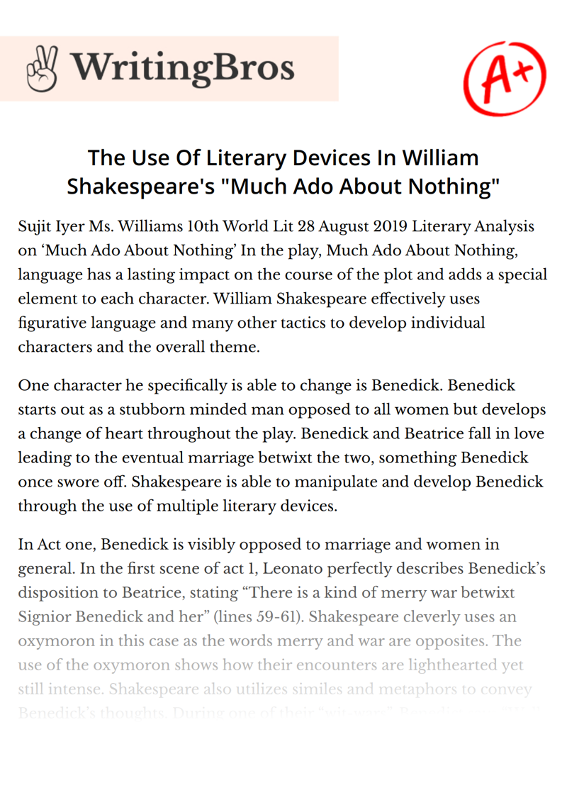 The Use Of Literary Devices In William Shakespeare's "Much Ado About Nothing" essay