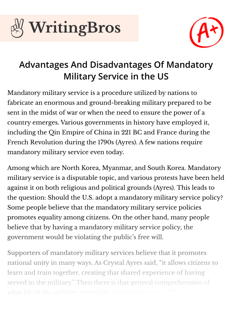 Advantages And Disadvantages Of Mandatory Military Service in the US essay