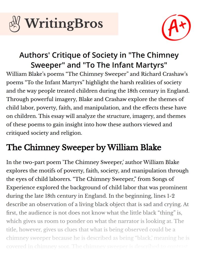 Authors' Critique of Society in "The Chimney Sweeper" and "To The Infant Martyrs" essay