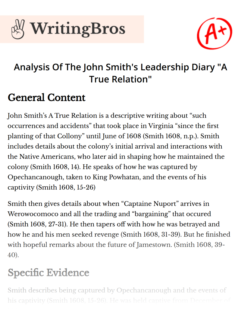 Analysis Of The John Smith's Leadership Diary "A True Relation" essay