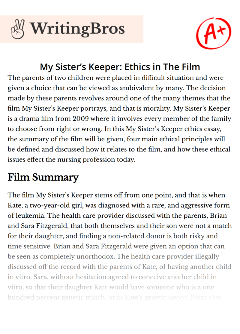 My Sister’s Keeper: Ethics in The Film essay