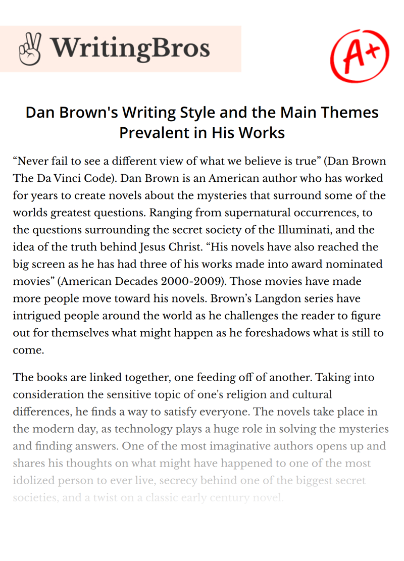 Dan Brown's Writing Style and the Main Themes Prevalent in His Works essay