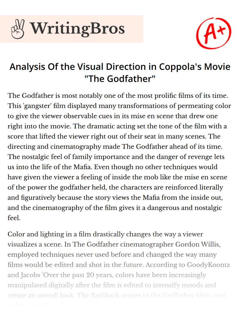 Analysis Of the Visual Direction in Coppola's Movie "The Godfather" essay