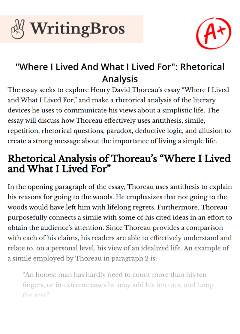 "Where I Lived And What I Lived For": Rhetorical Analysis essay