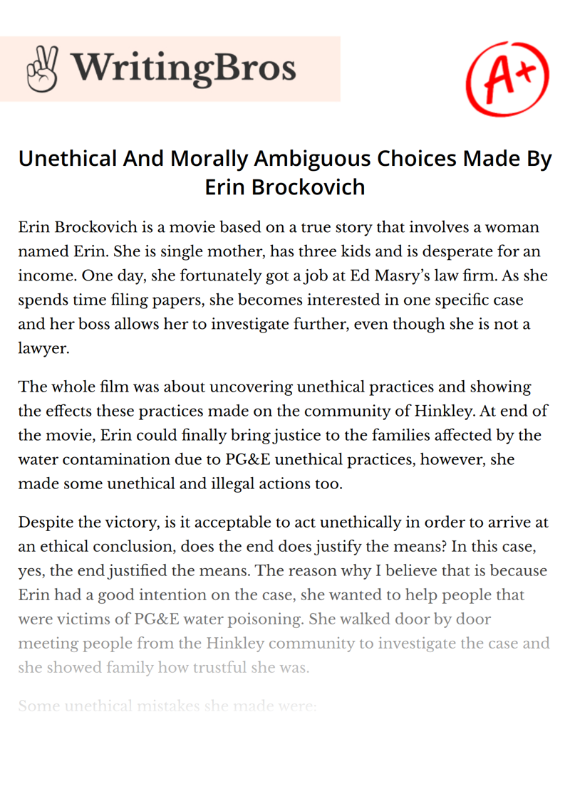 Unethical And Morally Ambiguous Choices Made By Erin Brockovich essay