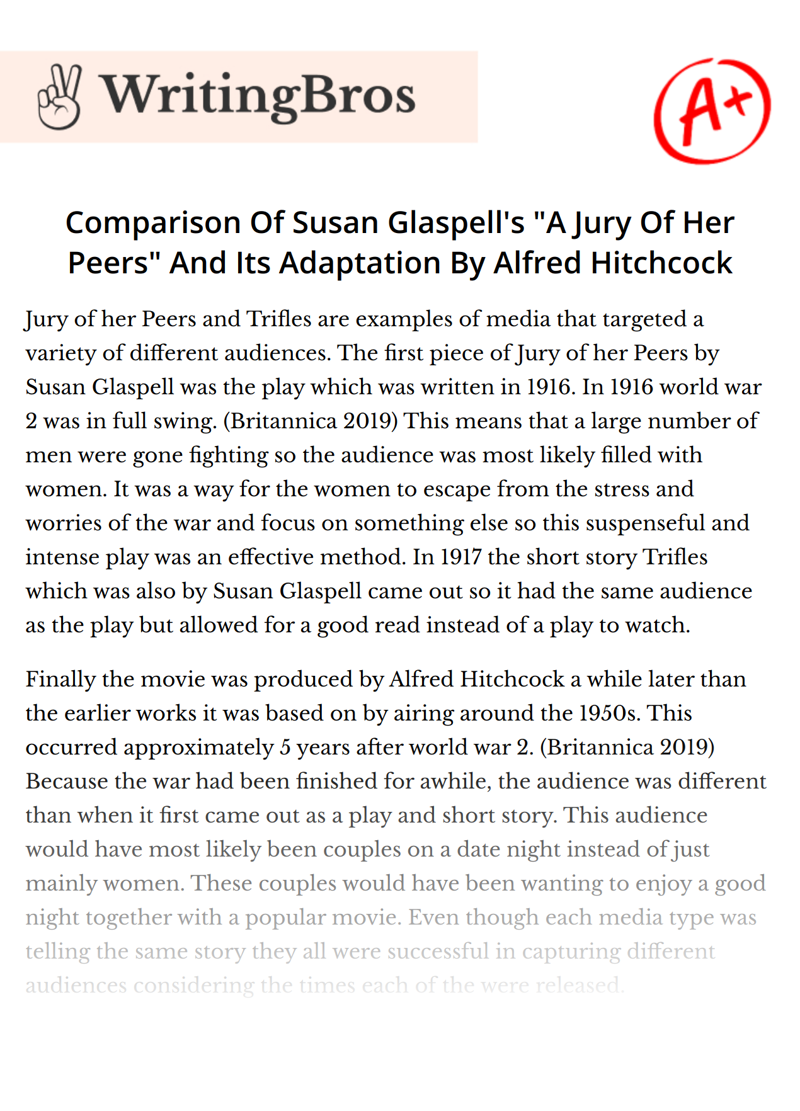 Comparison Of  Susan Glaspell's "A Jury Of Her Peers" And Its Adaptation By Alfred Hitchcock essay
