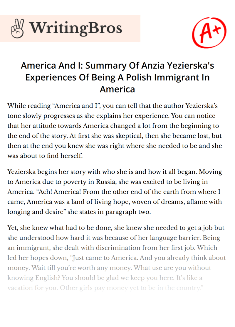 America And I: Summary Of Anzia Yezierska's Experiences Of Being A Polish Immigrant In America essay