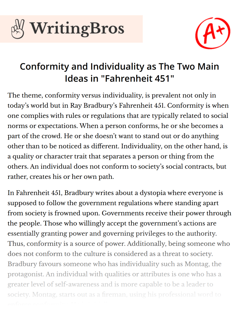 Conformity and Individuality as The Two Main Ideas in "Fahrenheit 451" essay