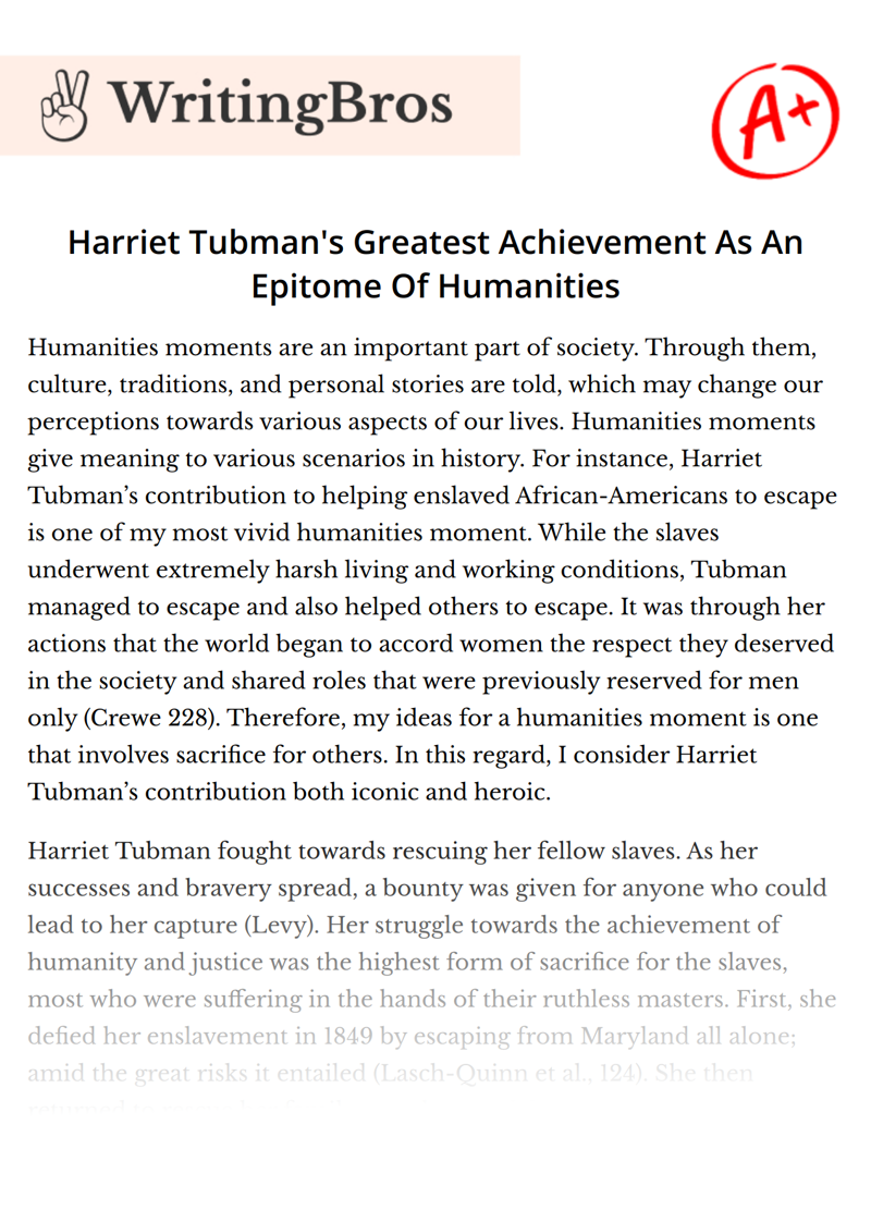 Harriet Tubman's Greatest Achievement As An Epitome Of Humanities essay