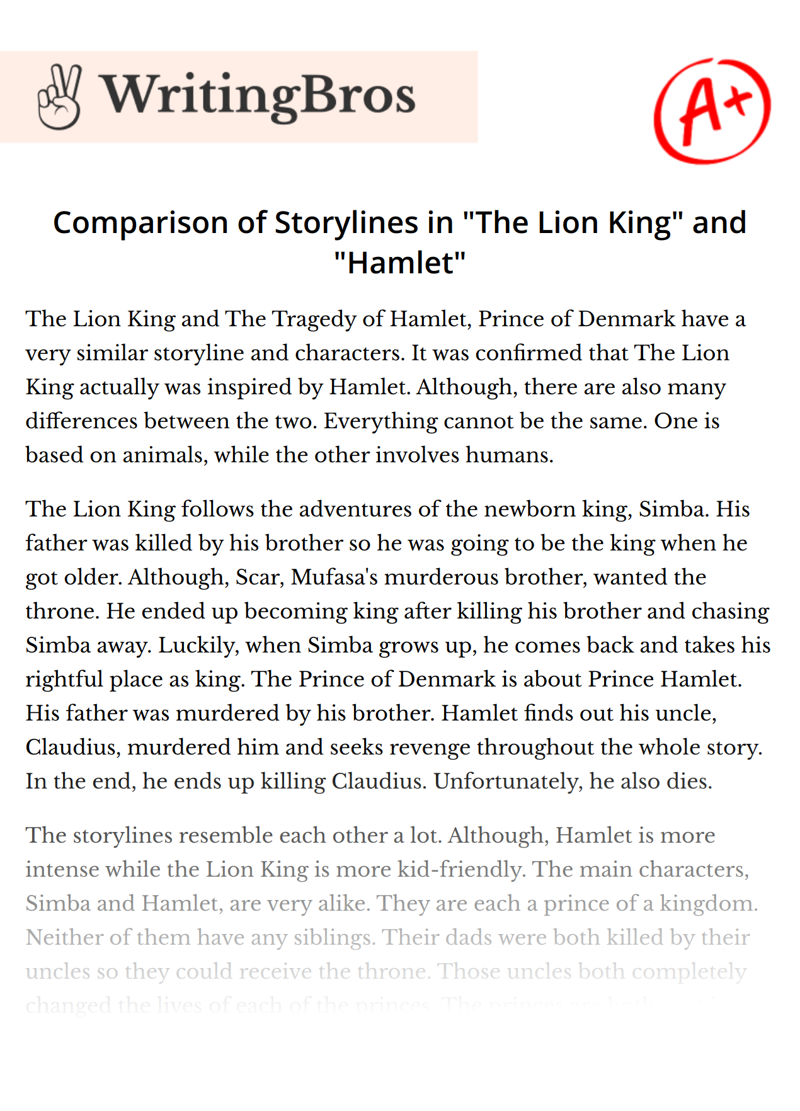 Comparison of Storylines in "The Lion King" and "Hamlet" essay