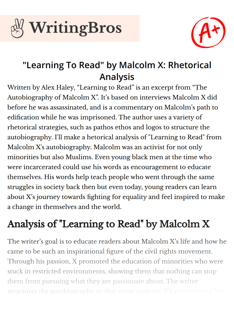 "Learning To Read" by Malcolm X: Rhetorical Analysis essay