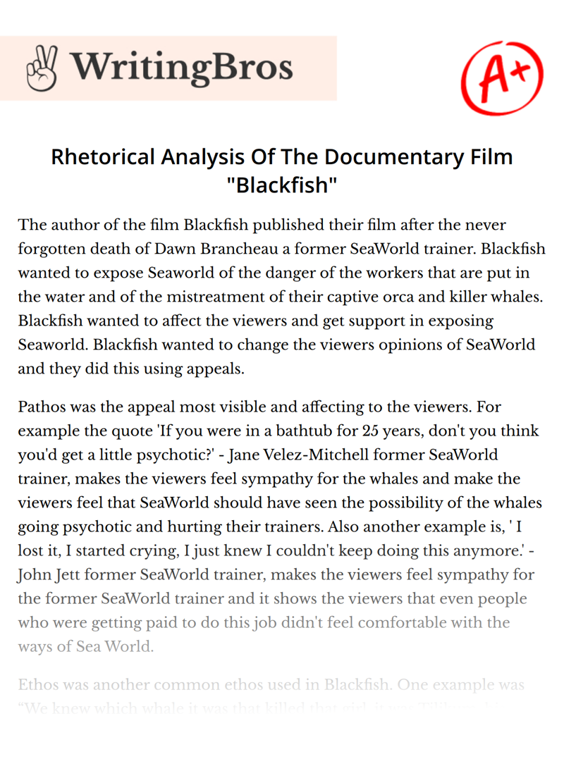 Rhetorical Analysis Of The Documentary Film "Blackfish" essay