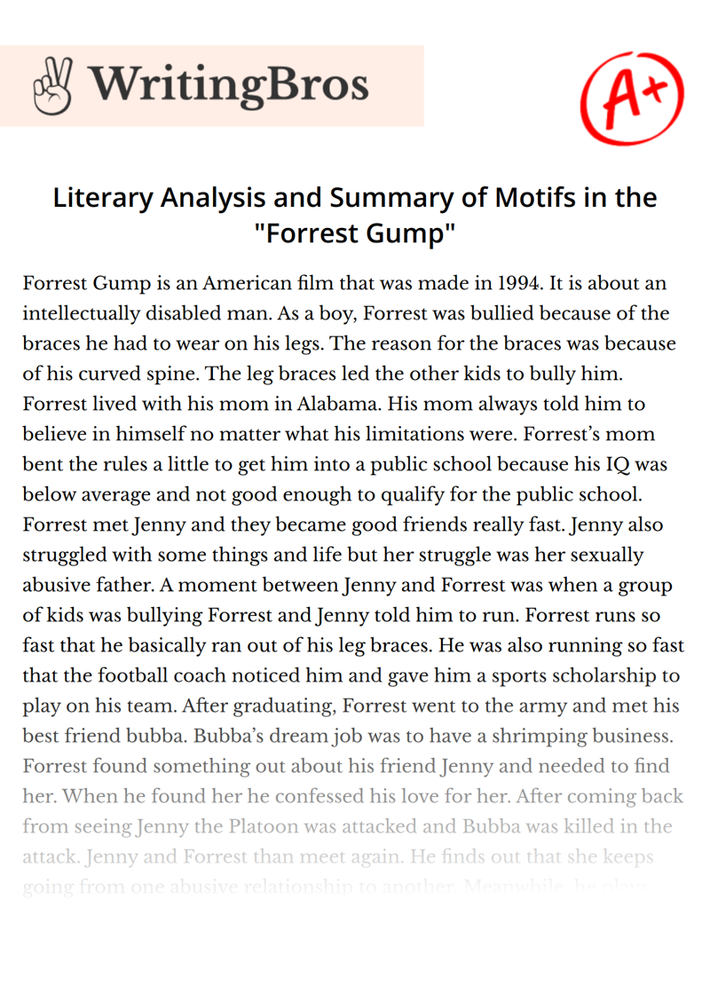 Literary Analysis and Summary of Motifs in the "Forrest Gump" essay