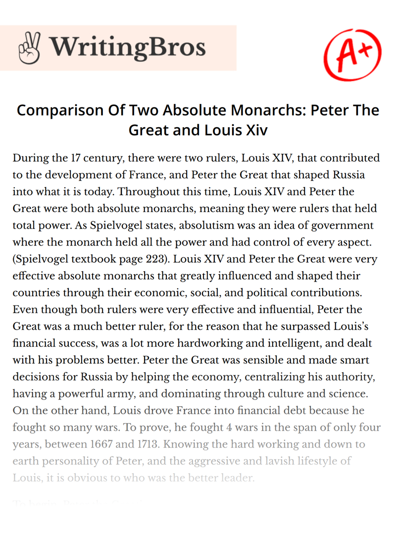 Comparison Of Two Absolute Monarchs: Peter The Great and Louis Xiv essay