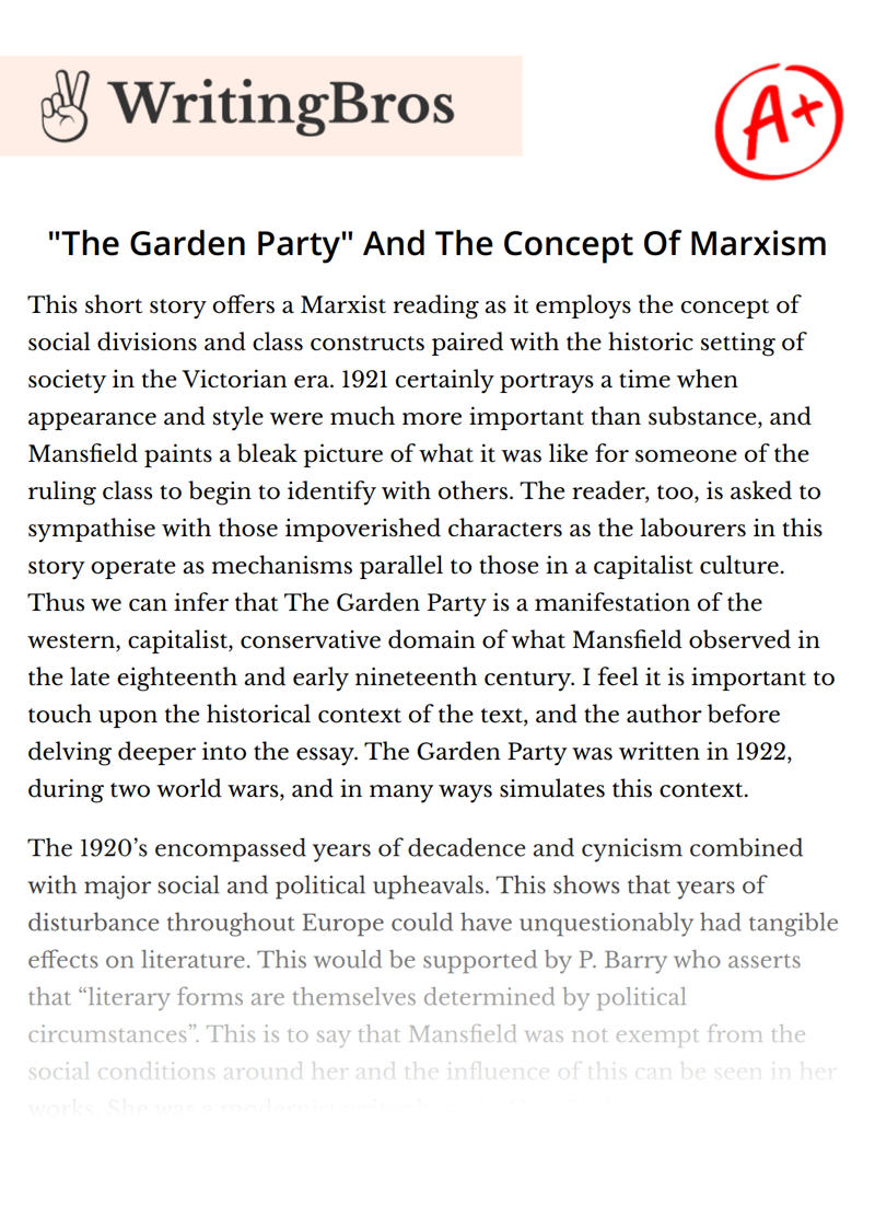 "The Garden Party" And The Concept Of Marxism essay