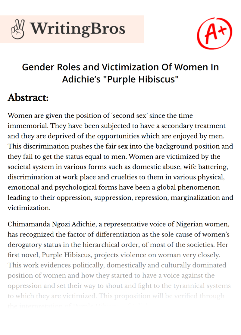 Gender Roles and Victimization Of Women In Adichie’s "Purple Hibiscus" essay