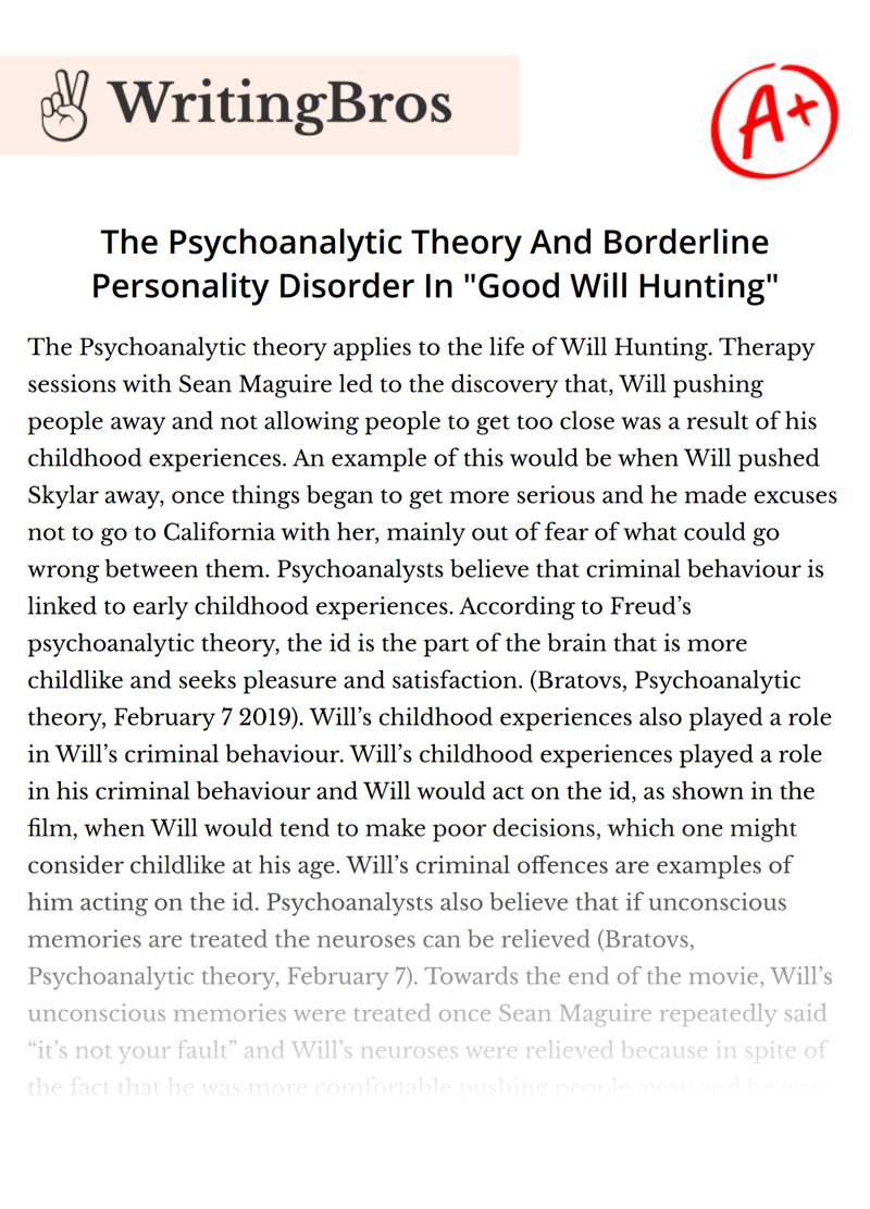 The Psychoanalytic Theory And Borderline Personality Disorder In "Good Will Hunting" essay