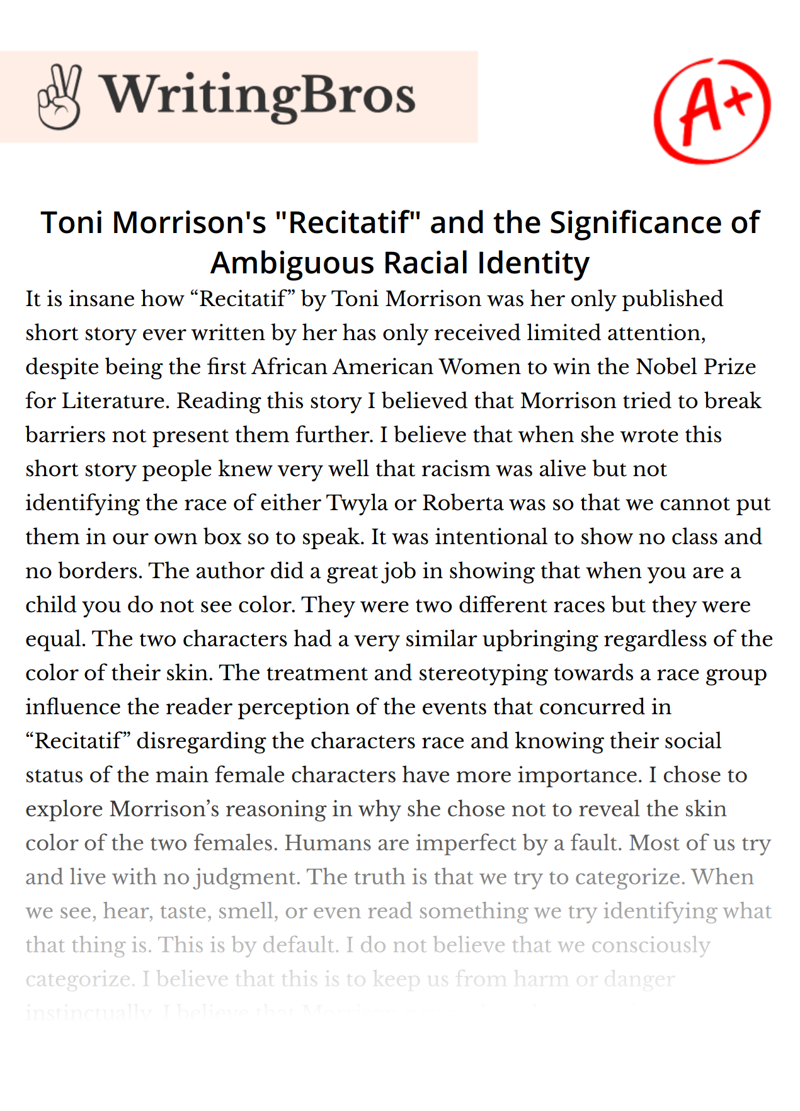 Toni Morrison's "Recitatif" and the Significance of Ambiguous Racial Identity essay