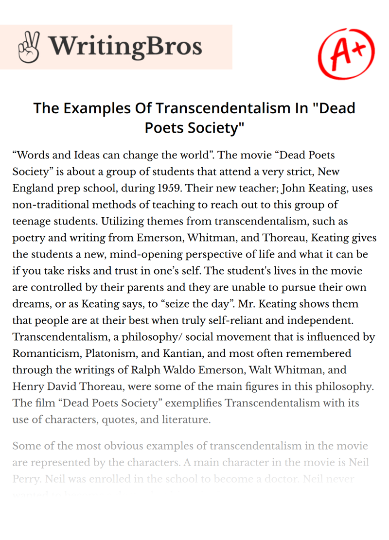 The Examples Of Transcendentalism In "Dead Poets Society" essay