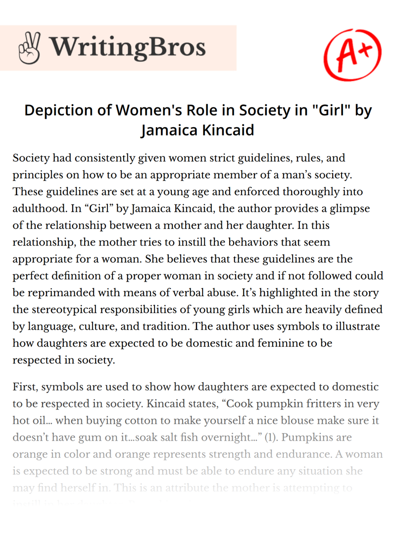 Depiction of Women's Role in Society in "Girl" by Jamaica Kincaid essay