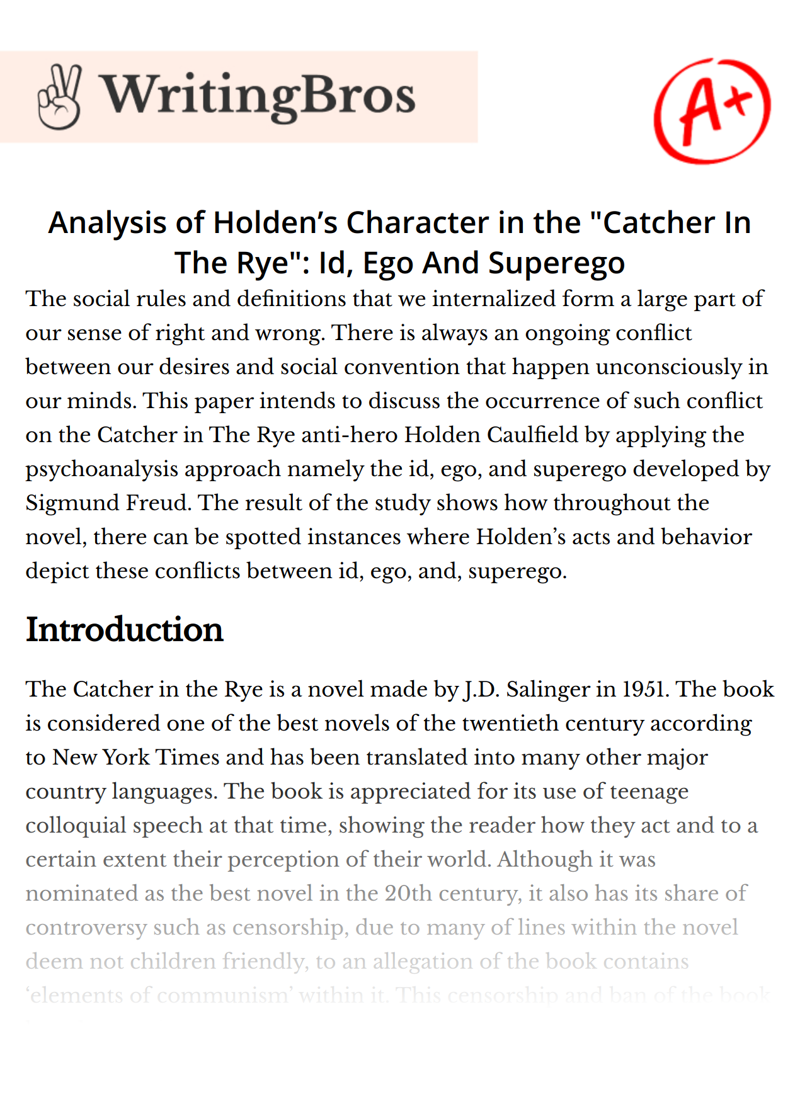Analysis of Holden’s Character in the "Catcher In The Rye": Id, Ego And Superego essay