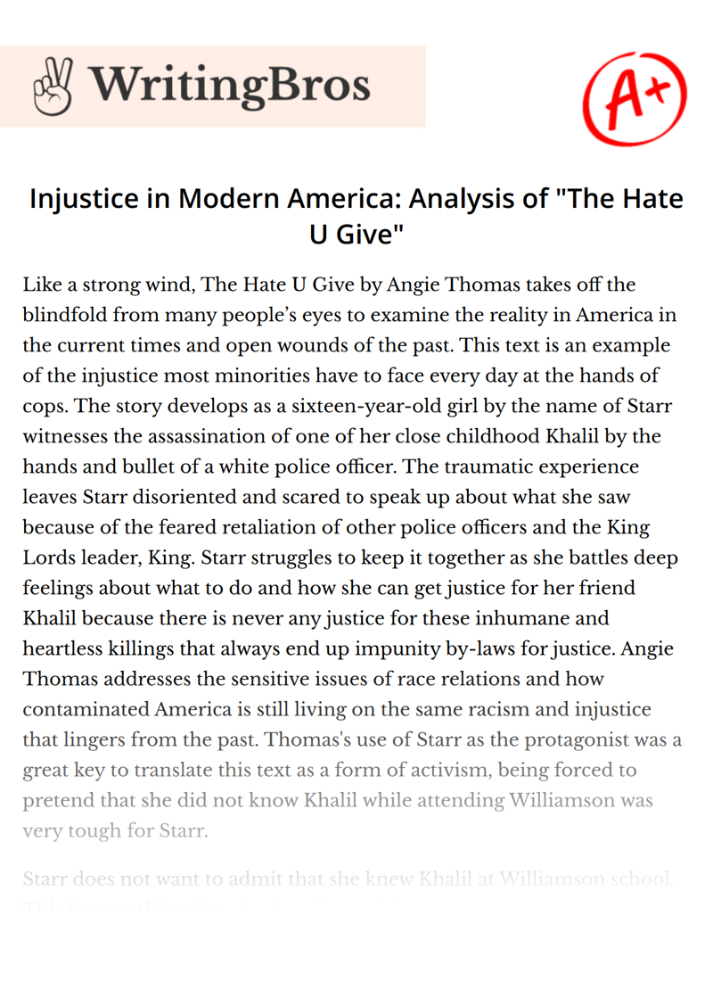 Injustice in Modern America: Analysis of "The Hate U Give" essay