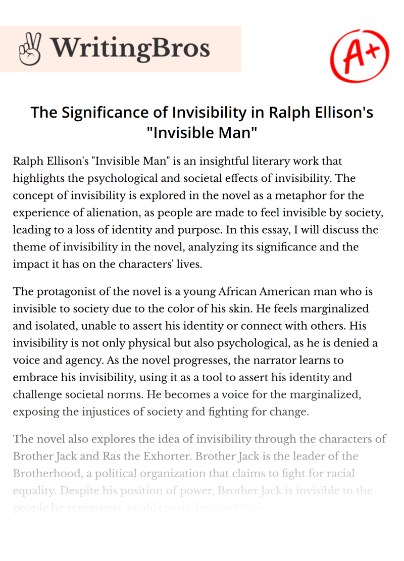 The Significance of Invisibility in Ralph Ellison's "Invisible Man" essay