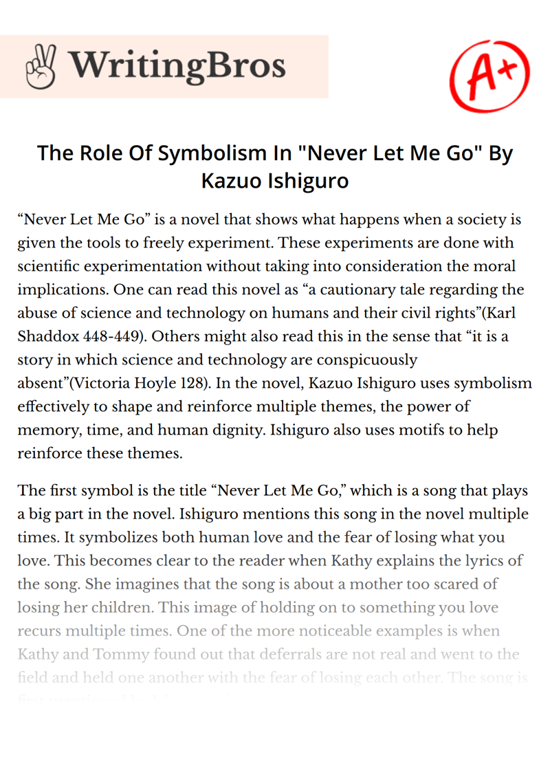 The Role Of Symbolism In "Never Let Me Go" By Kazuo Ishiguro essay