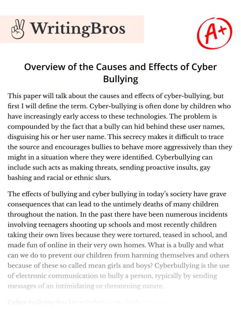 Overview of the Causes and Effects of Cyber Bullying essay