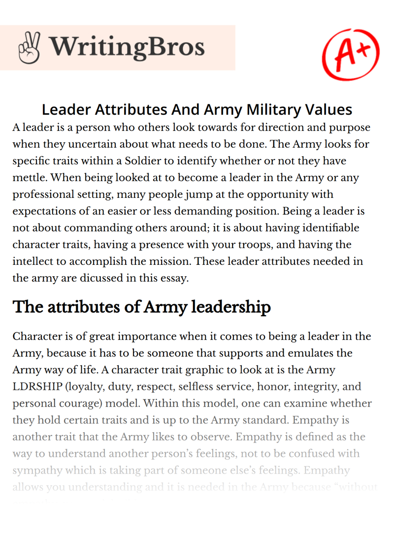 Leader Attributes And Army Military Values essay