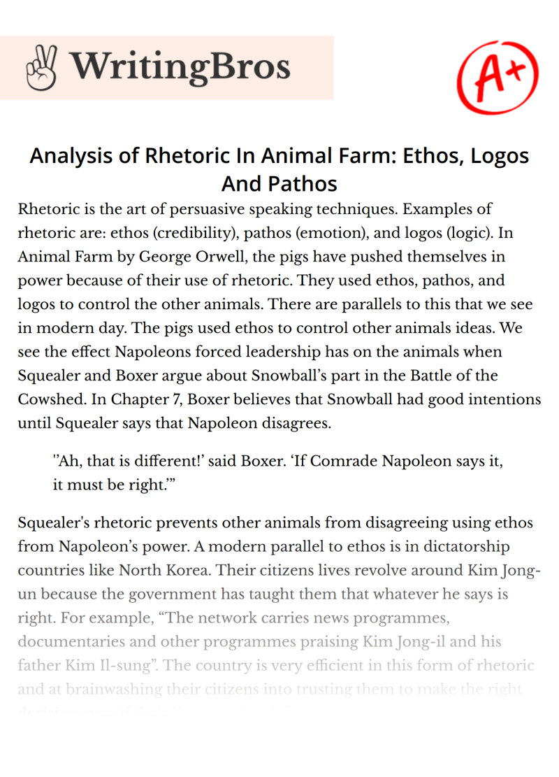 Analysis of Rhetoric In Animal Farm: Ethos, Logos And Pathos essay
